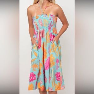 Gretchen Scott NWOT turquoise pink coral print strapless dress skirt with bag OS